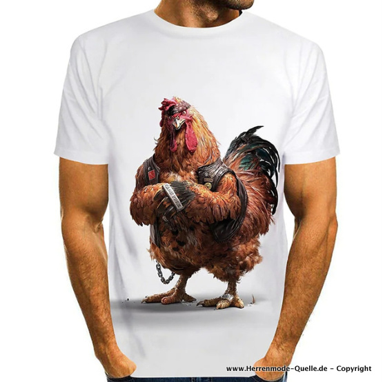 3D Hahn Print Kurzarm Herren Sommer T-Shirt Weiß