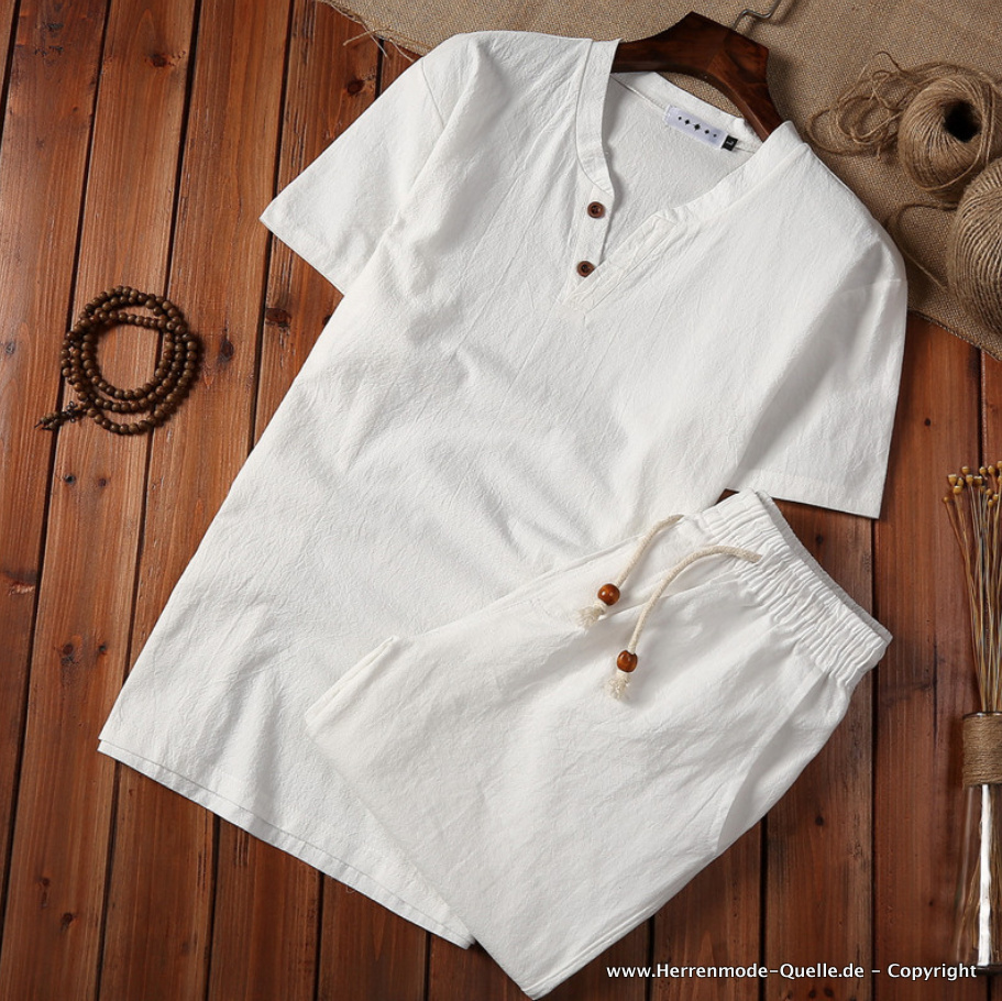 Herren Baumwoll Leinen Sommer Set Kurz Shirt mit Hose in Weiß