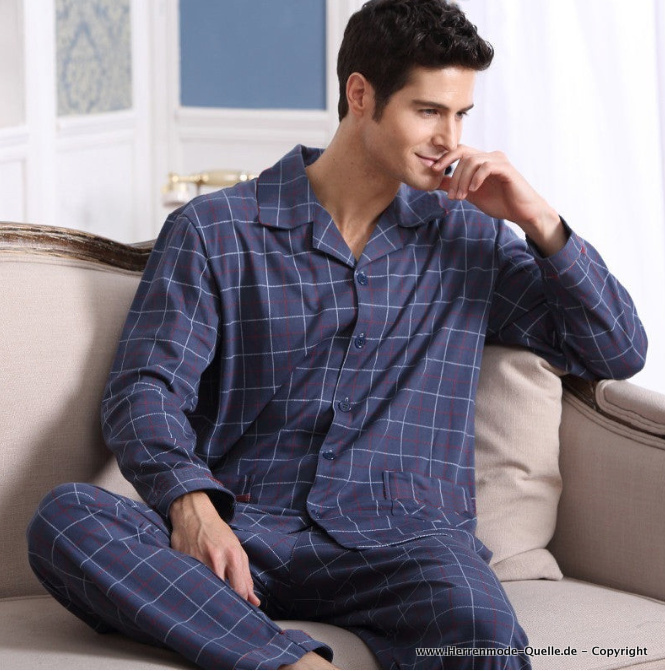 Herren Pyjama Schlafanzug Finjus in Blau Kariert