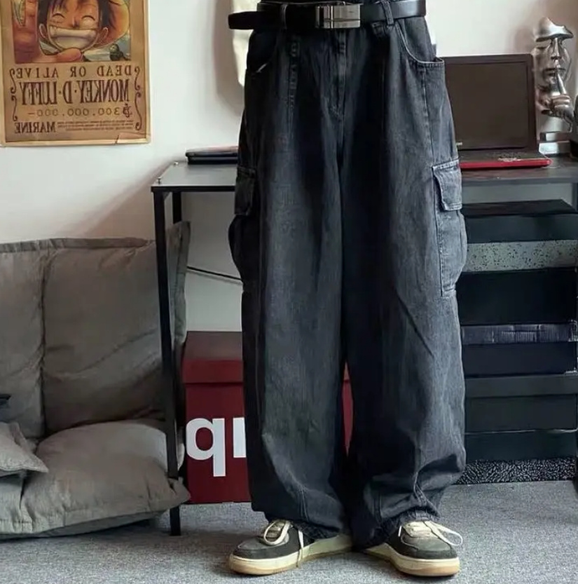 High Street Fashion Herren Baggy Jeans Hose Lang mit Taschen in Schwarz