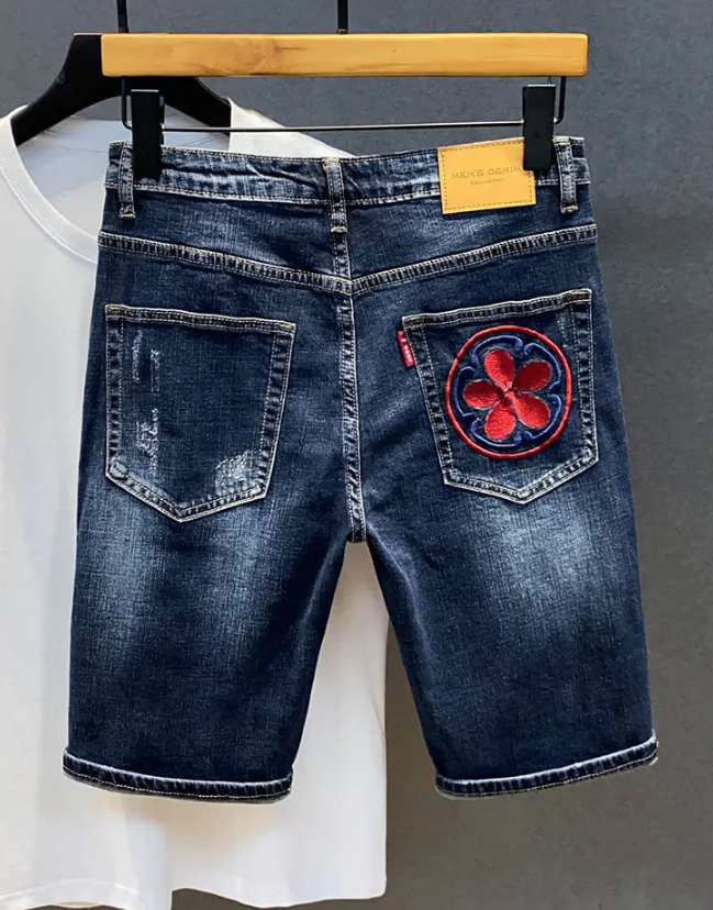 Kurze Herren Jeans Hose in Blau mit Drachen Stickereien