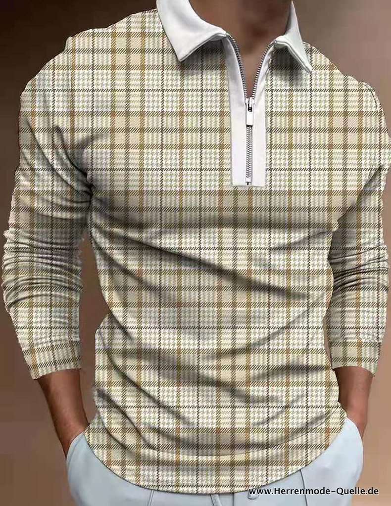 Langarm Zipper Polo Shirt für Herren in Creme Kariert