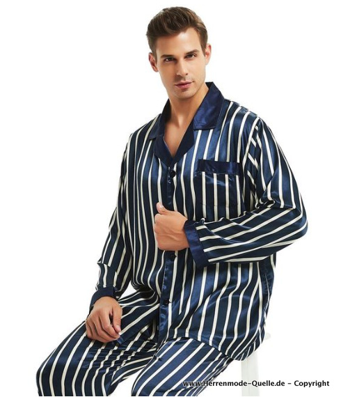Satin Herren Pyjama Schlafanzug Gestreift in Blau Weiß