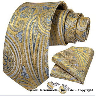 Seiden Herren Krawatte Galib Gelb Muster Krawatte - Manschettenknopf - Tuch