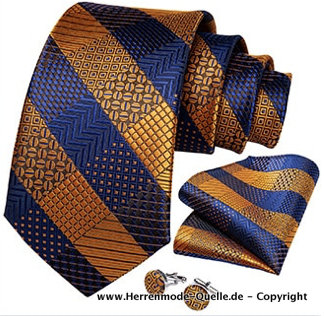 Seiden Herren Krawatte Gefion Gold Blau Krawatte - Manschettenknopf - Tuch