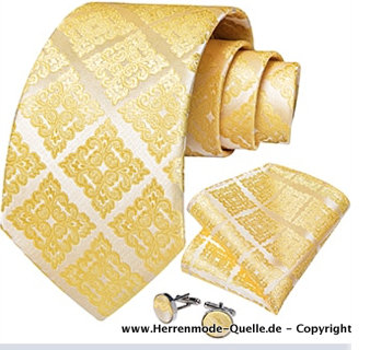 Seiden Herren Krawatte 2023 Gino Gelb Muster Krawatte - Manschettenknopf - Tuch