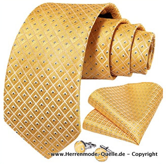 Seiden Herren Krawatte Gojko Gelb Muster Krawatte - Manschettenknopf - Tuch