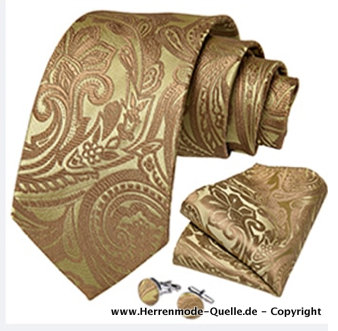 Seiden Herren Krawatte Gonzales Gold Bronze Krawatte - Manschettenknopf - Tuch