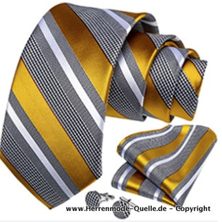 Seiden Herren Krawatte Guntram Gelb Grau Krawatte - Manschettenknopf - Tuch