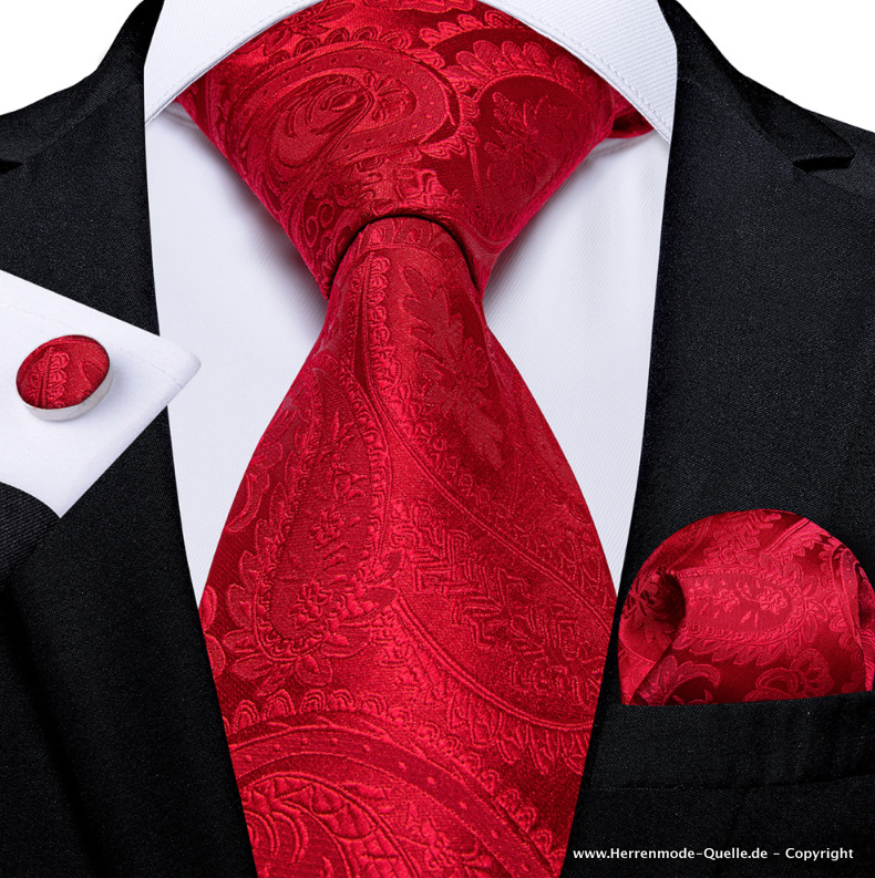 100% Seiden Herren Krawatte Fips in Rot Krawatte - Manschettenknopf - Tuch