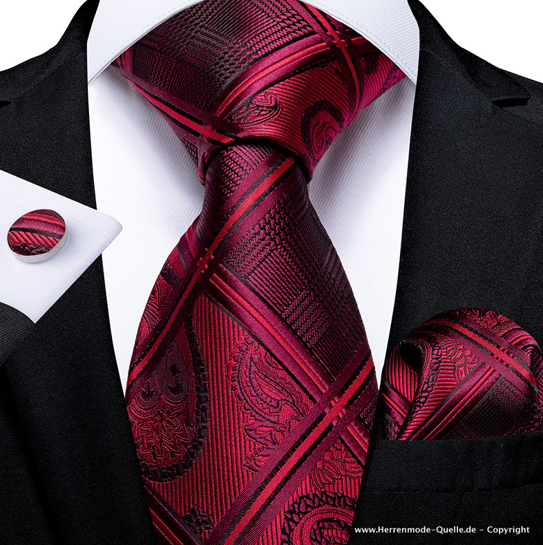 100% Seiden Herren Krawatte Fjell in Rot Krawatte - Manschettenknopf - Tuch