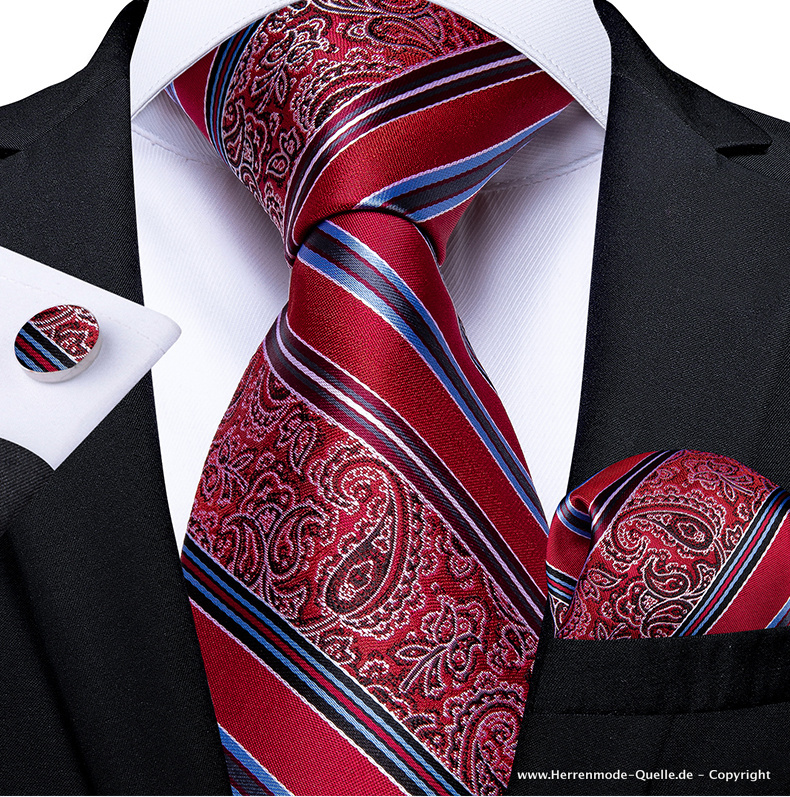100% Seiden Herren Krawatte Franciszek in Rot Krawatte - Manschettenknopf - Tuch