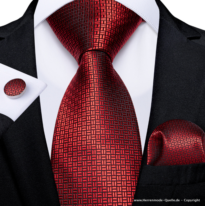 100% Seiden Herren Krawatte Friderik in Rot Krawatte - Manschettenknopf - Tuch