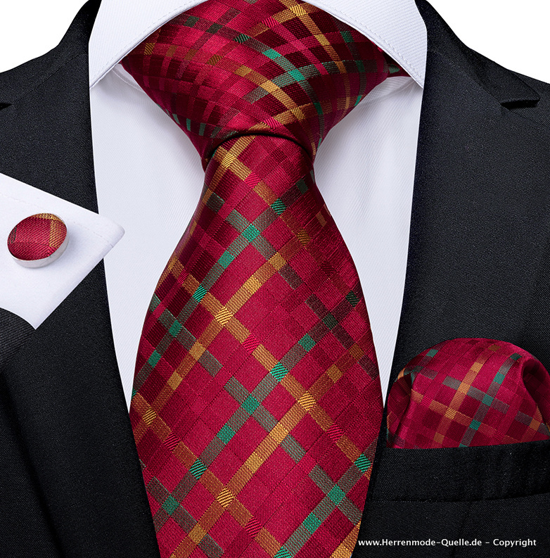 100% Seiden Herren Krawatte Fabricio in Rot Krawatte Manschettenknopf Tuch