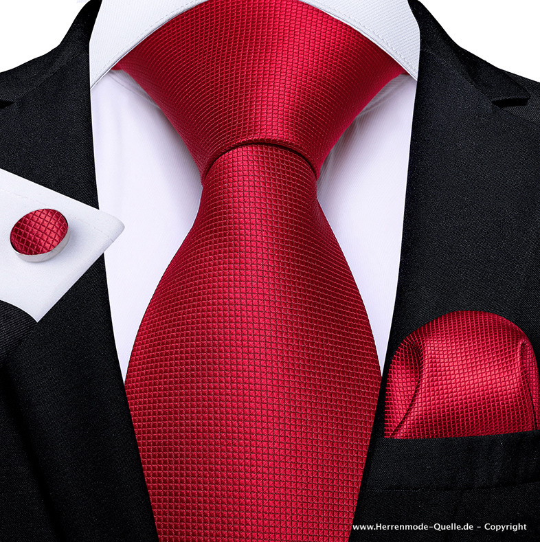 100% Seiden Herren Krawatte Feivel in Rot Krawatte - Manschettenknopf - Tuch