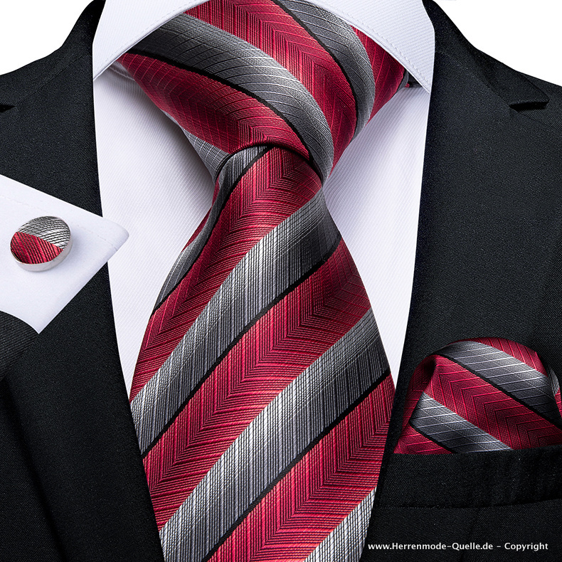 Seiden Herren Krawatte Filiz in Rot Gestreift Krawatte - Manschettenknopf - Tuch