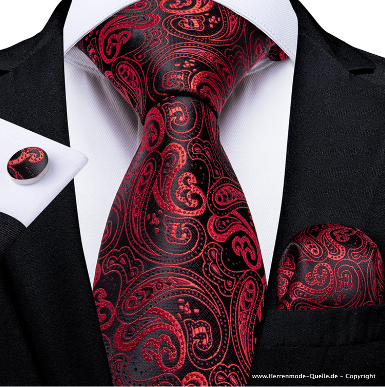 100% Seiden Herren Krawatte Franco in Rot Schwarz Krawatte Manschettenknopf Tuch