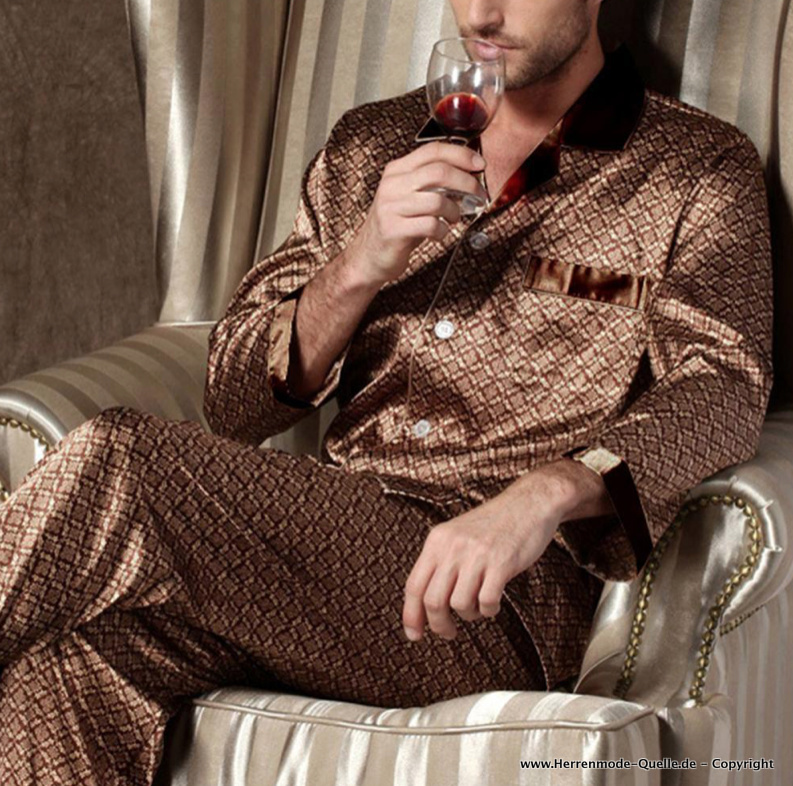Langarm Satin Herren Pyjama Schlafanzug in Bronze