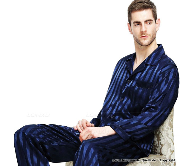 Herren Pyjama Schlafanzug aus Seide Satin in Navyblau