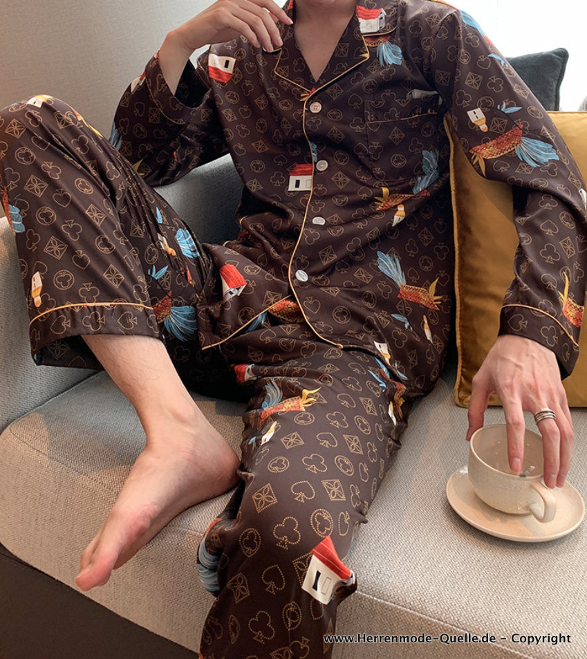 Print Herren Pyjama Schlafanzug in Dunkel Braun
