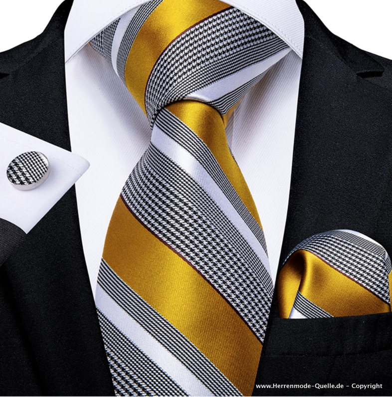 Seiden Herren Krawatte Guntram Gelb Grau Krawatte - Manschettenknopf - Tuch