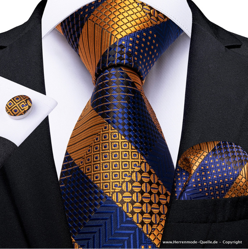 Seiden Herren Krawatte Gefion Gold Blau Krawatte - Manschettenknopf - Tuch