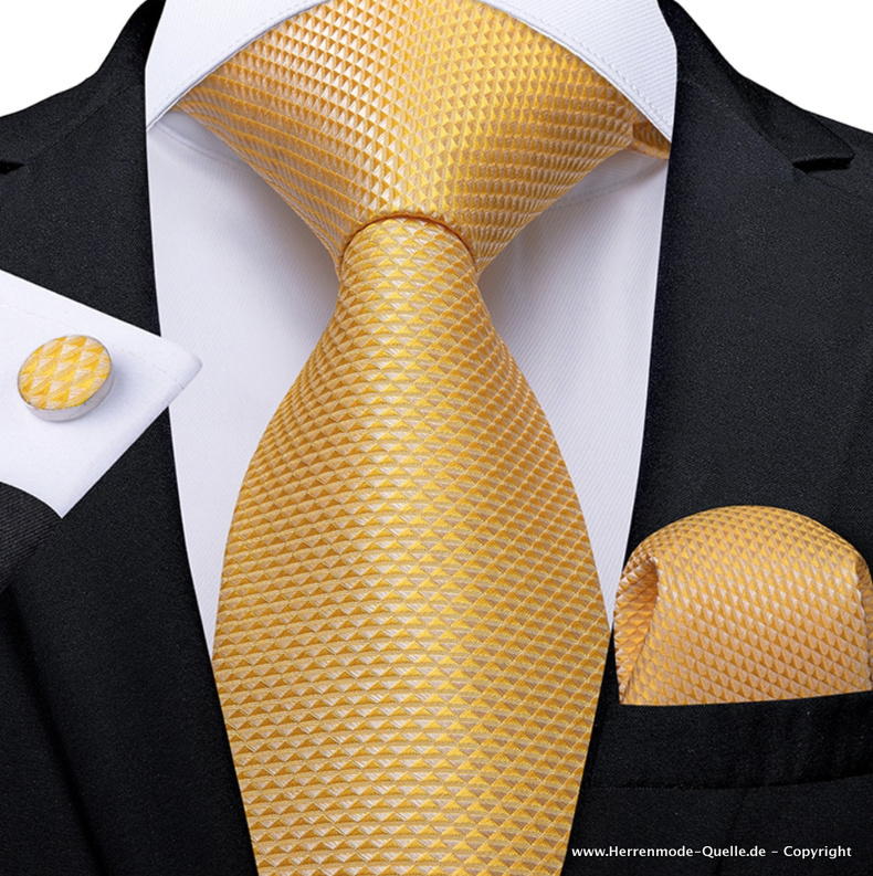 Seiden Herren Krawatte Gero Gold Muster Krawatte - Manschettenknopf - Tuch