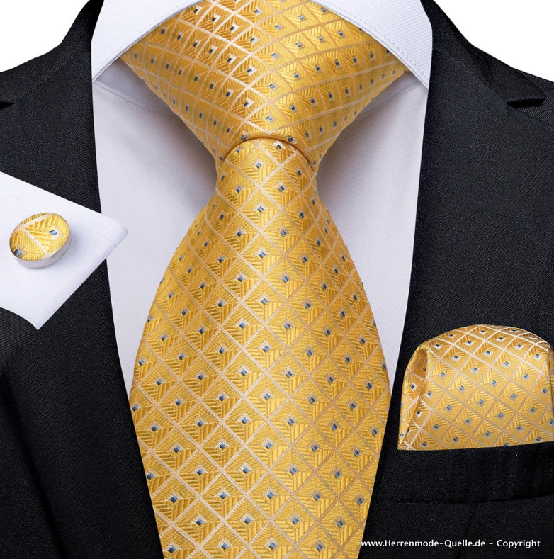 Seiden Herren Krawatte Gojko Gelb Muster Krawatte - Manschettenknopf - Tuch