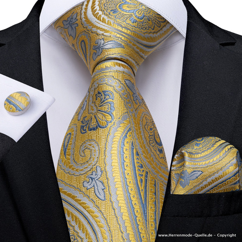 Seiden Herren Krawatte Galib Gelb Muster Krawatte - Manschettenknopf - Tuch