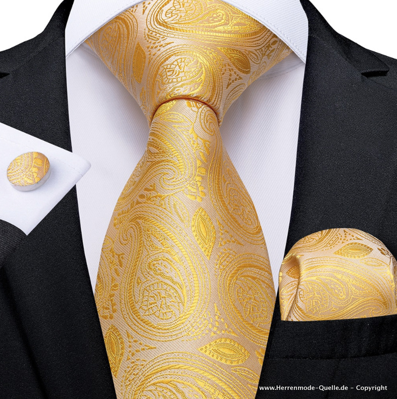 Seiden Herren Krawatte Gene Gelb Gold Krawatte - Manschettenknopf - Tuch