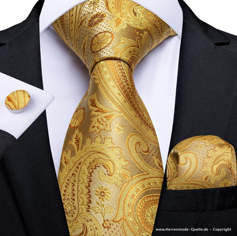 Seiden Herren Krawatte Gerold Gold Stick Krawatte - Manschettenknopf - Tuch