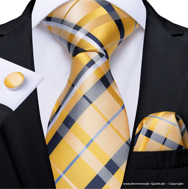 Seiden Herren Krawatte Gerome Gelb Kariert Krawatte - Manschettenknopf - Tuch