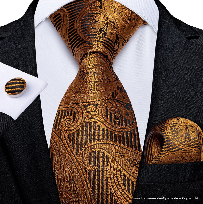 Seiden Herren Krawatte 2023 Gustav Bronze Krawatte - Manschettenknopf - Tuch