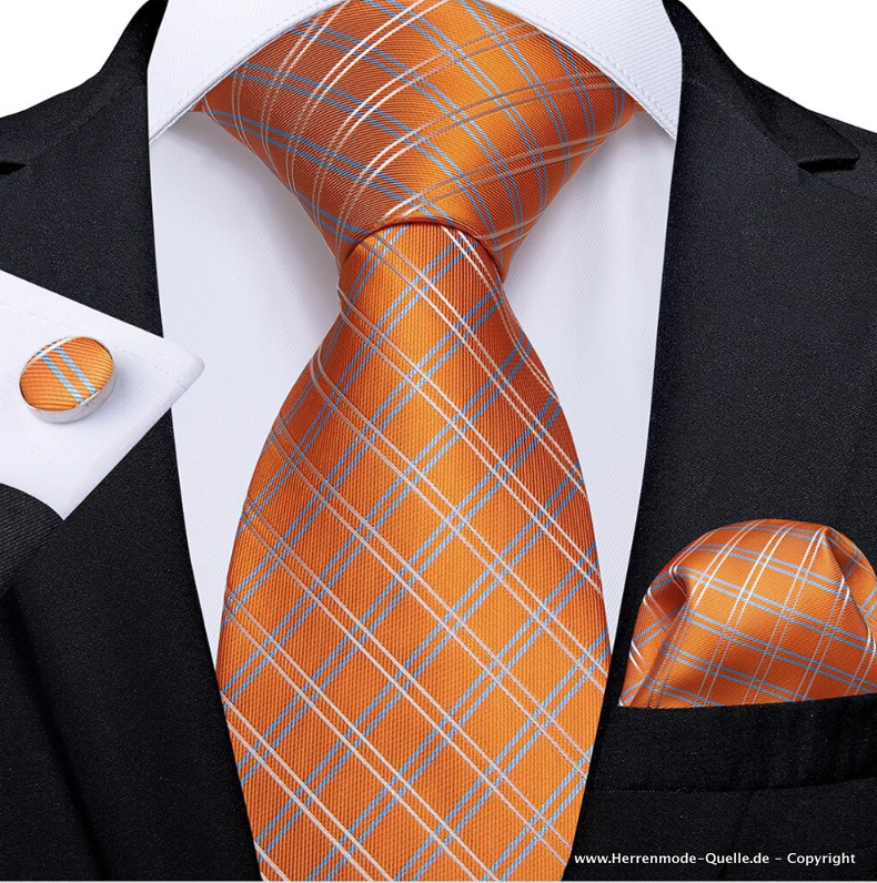 Seiden Herren Krawatte 2023 Georg Orange Krawatte - Manschettenknopf - Tuch