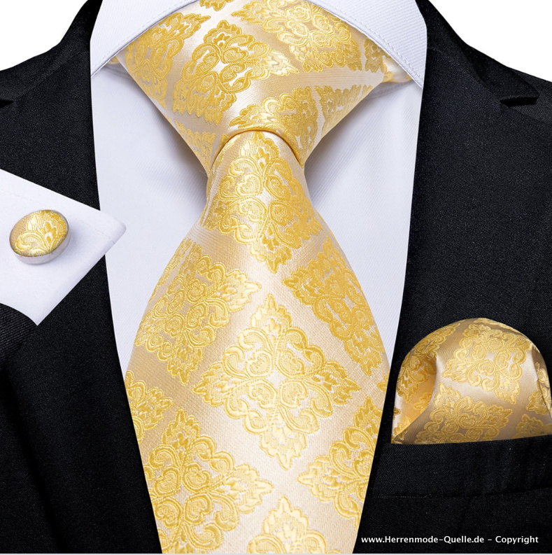 Seiden Herren Krawatte 2023 Gino Gelb Muster Krawatte - Manschettenknopf - Tuch