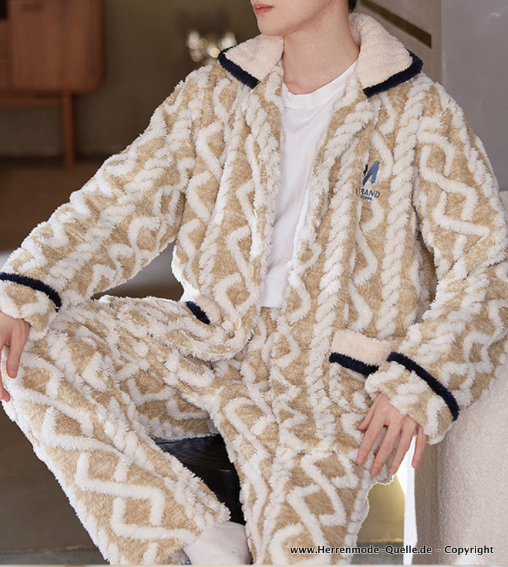 Winter Fleece Schlafanzug 2023 Pyjama für Herren in Beige