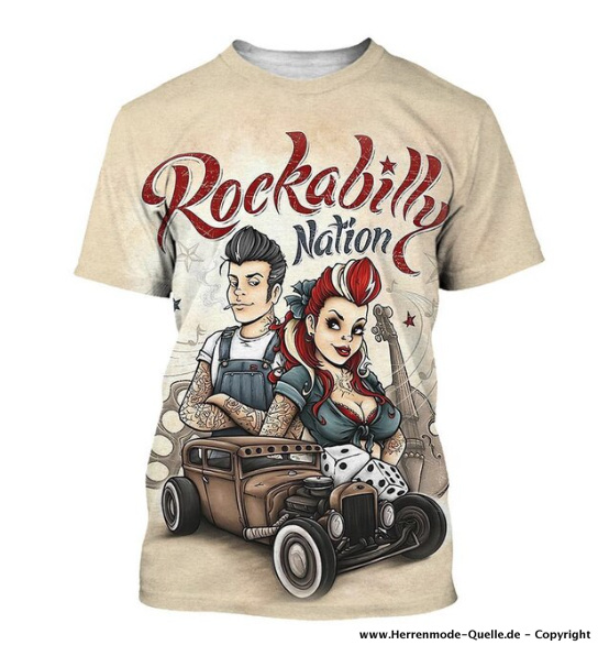 Rockabilly Print Herren Sommer T-Shirt Beige