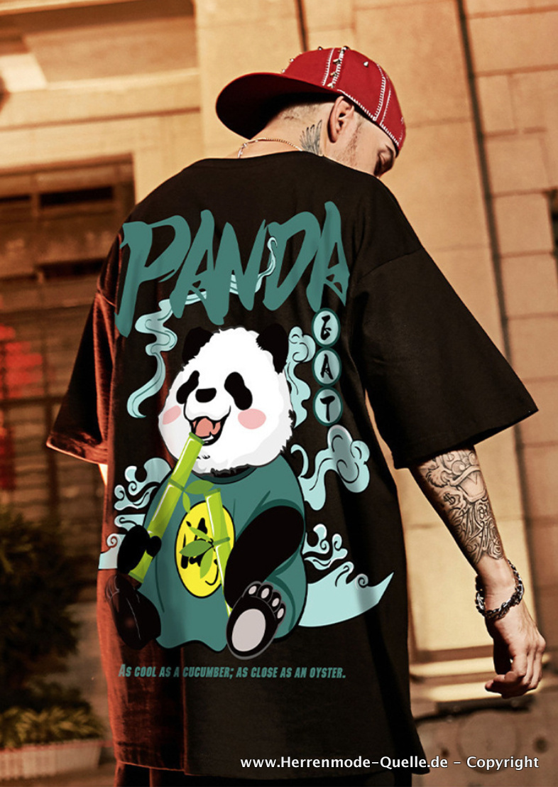 Panda Print Sommer Herren T-Shirt in Schwarz