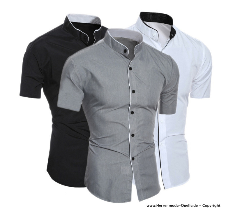 Kurzarm Herren Hemd Elegant mit Stehkragen in Schwarz Weiß oder Grau