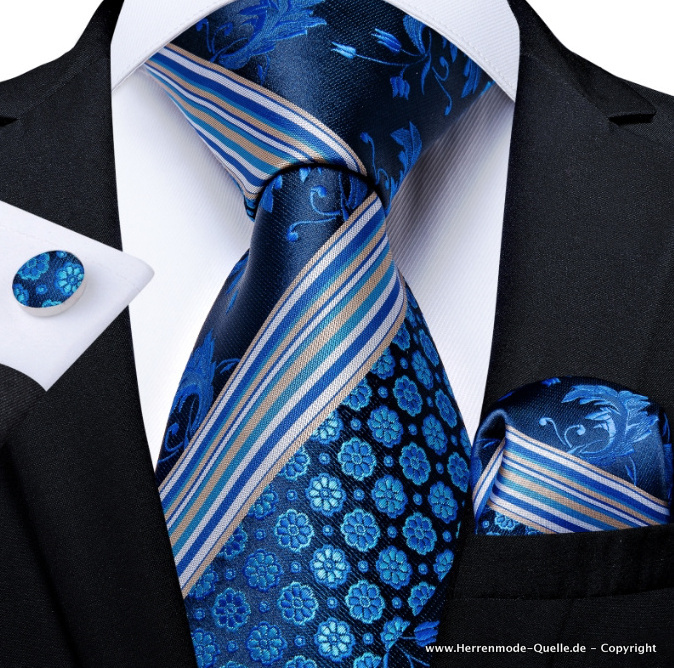 100% Seiden Herren Krawatte Jason Blau Krawatte Manschettenknopf Tuch mit Blumen