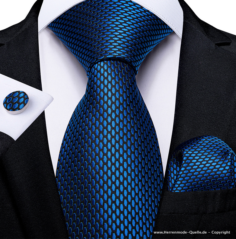 100% Seiden Herren Krawatte Jacob Navyblau Schwarz Muster Krawatte Knopf Tuch