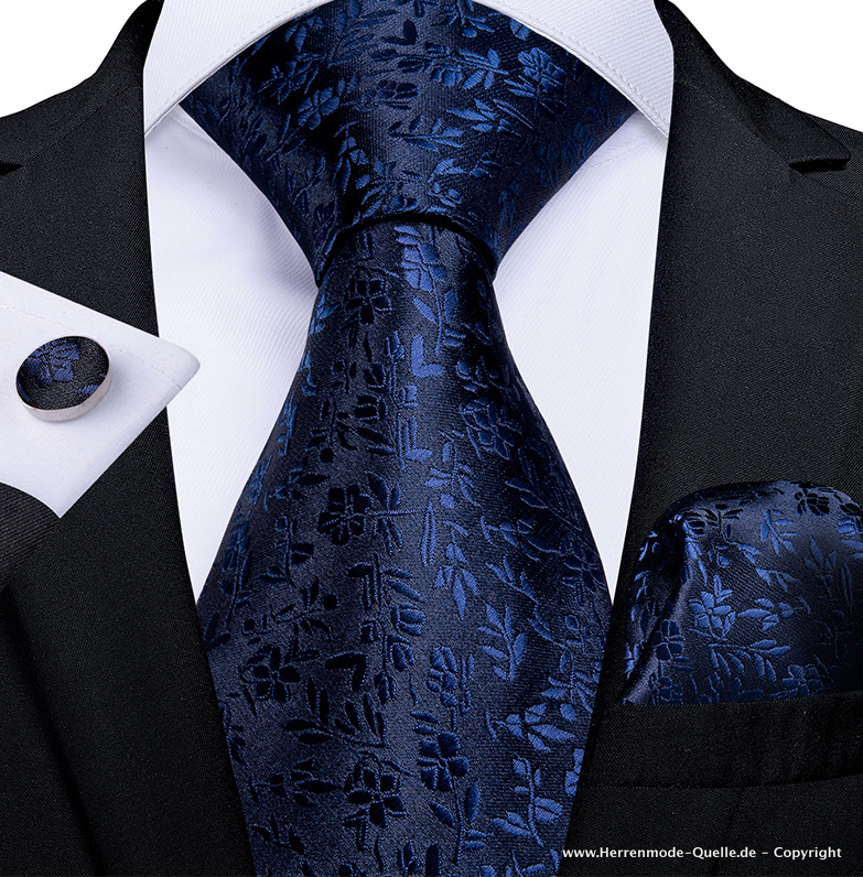 100% Seiden Herren Krawatte Jannek Blau mit Stick Klassisch Krawatte Knopf Tuch