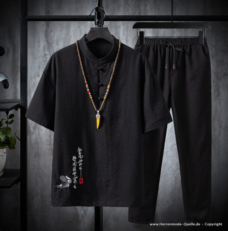 Japan Style Herren Kurzarm Freizeitanzug aus Baumwolle in Schwarz