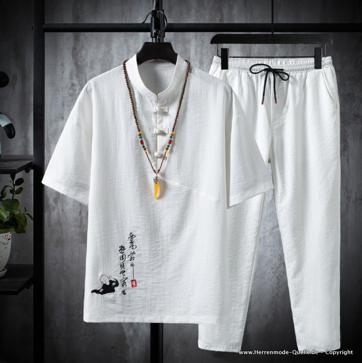 Japan Style Herren Kurzarm Freizeitanzug aus Baumwolle in Weiß