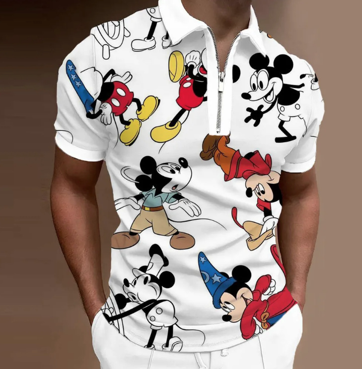 Mickey Cartoon Print Herren Poloshirt in Weiß Bunt