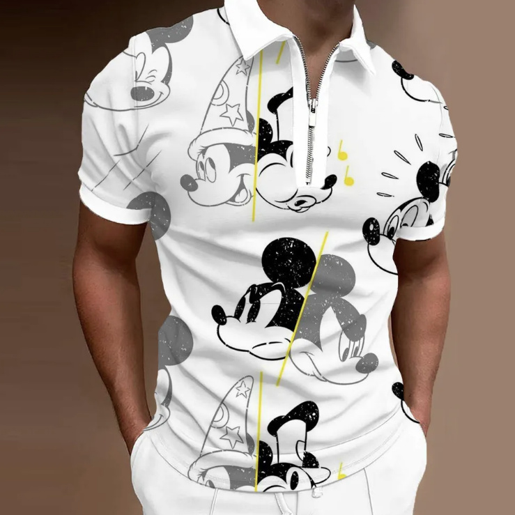Mickey Cartoon Print Herren Poloshirt in Weiß Schwarz
