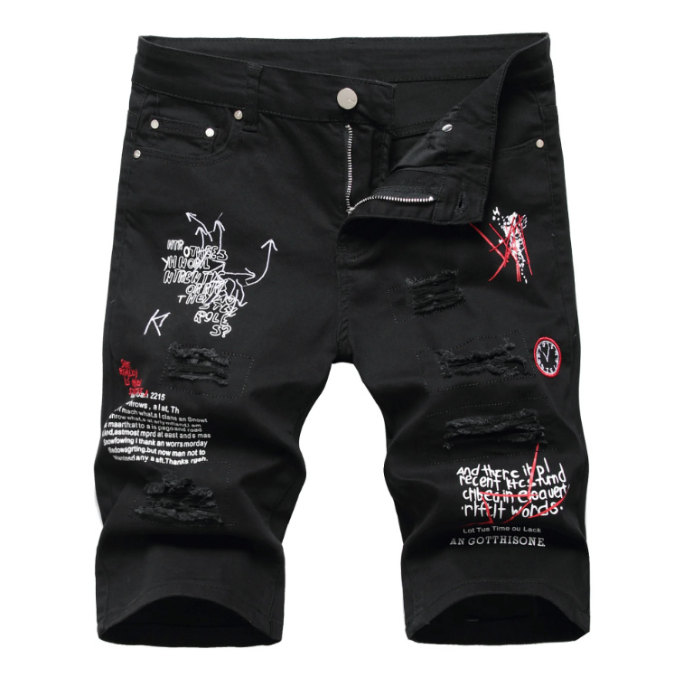 Streetwear Kurze Jeans Hose für Herren in Schwarz mit Applikationen