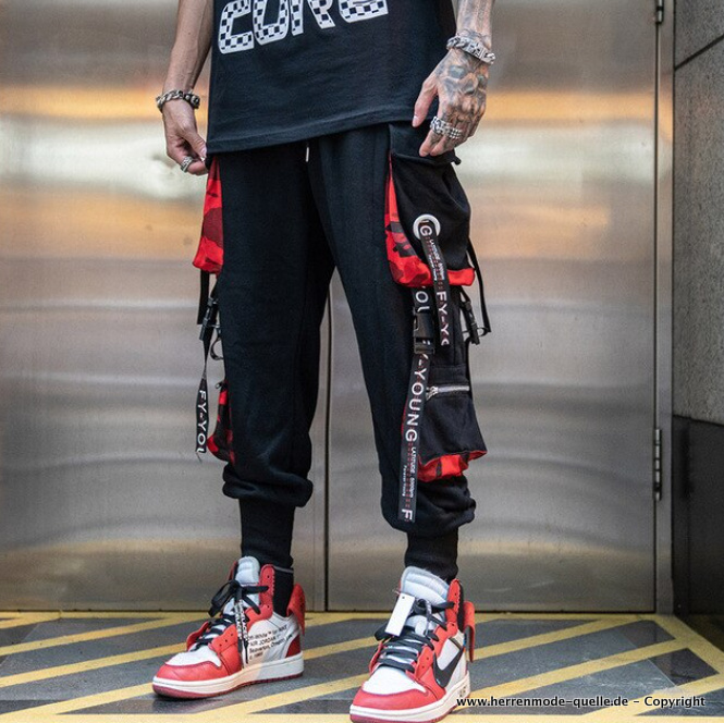 Herren Hip Hop Cargo Hose mit Bänder in Schwarz Rot